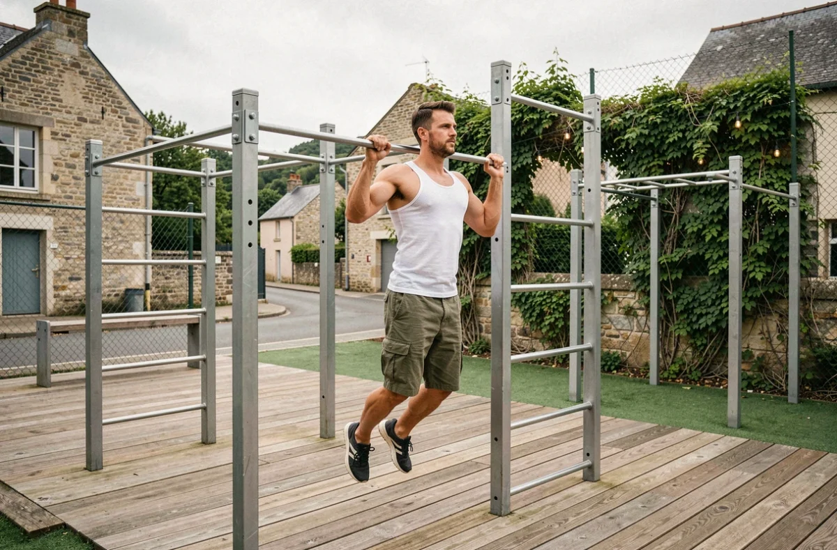 Homme réalisant des tractions sur un rig de street fitness au 10 Street Fitness Club de Lamballe