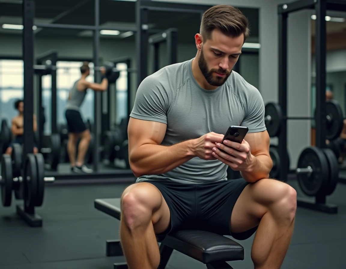 Un homme en salle de musculation consulte les options d'abonnement premium Basic Fit sur son smartphone