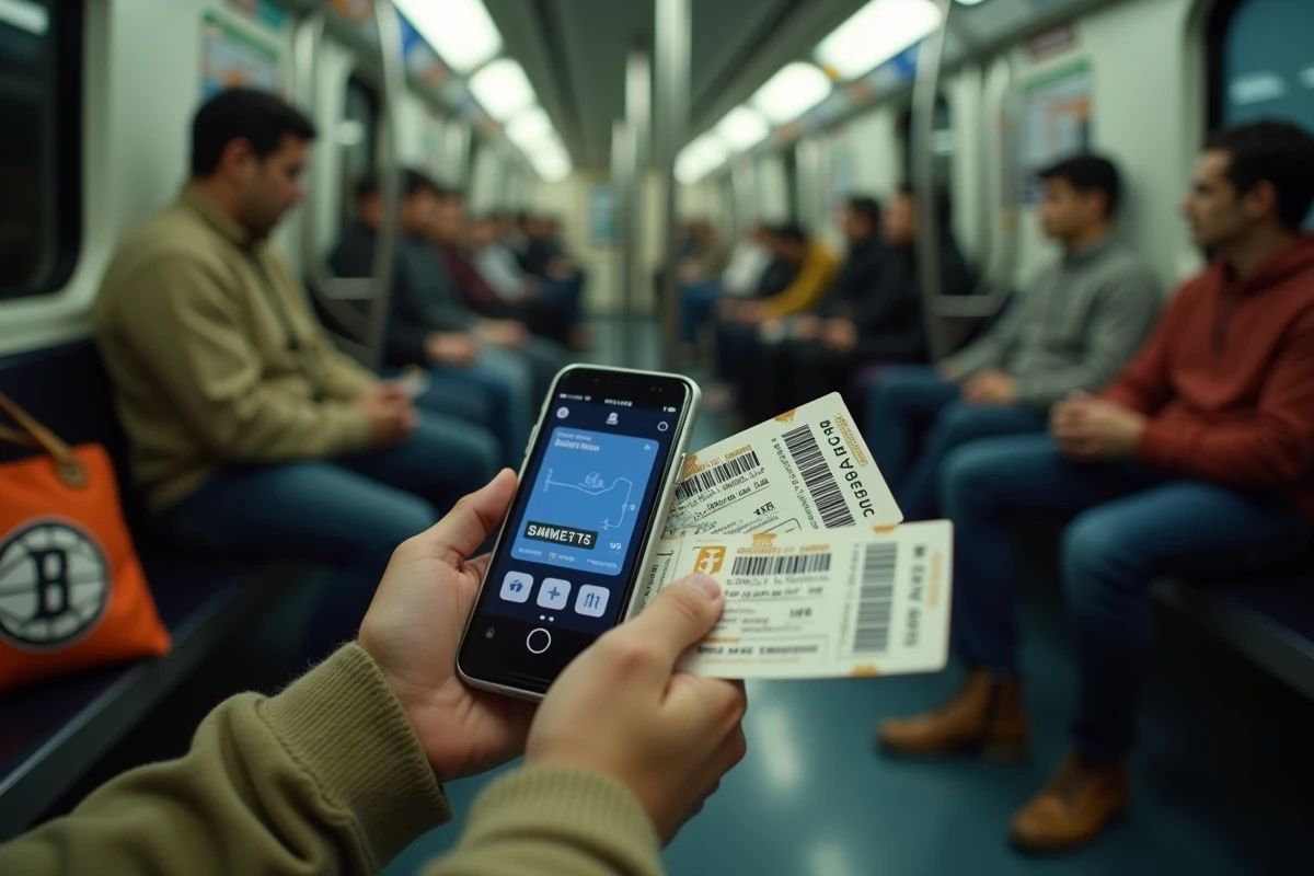 Mains tenant des billets de match de basket et un smartphone dans le métro de New York avec l'application d'achat ouverte