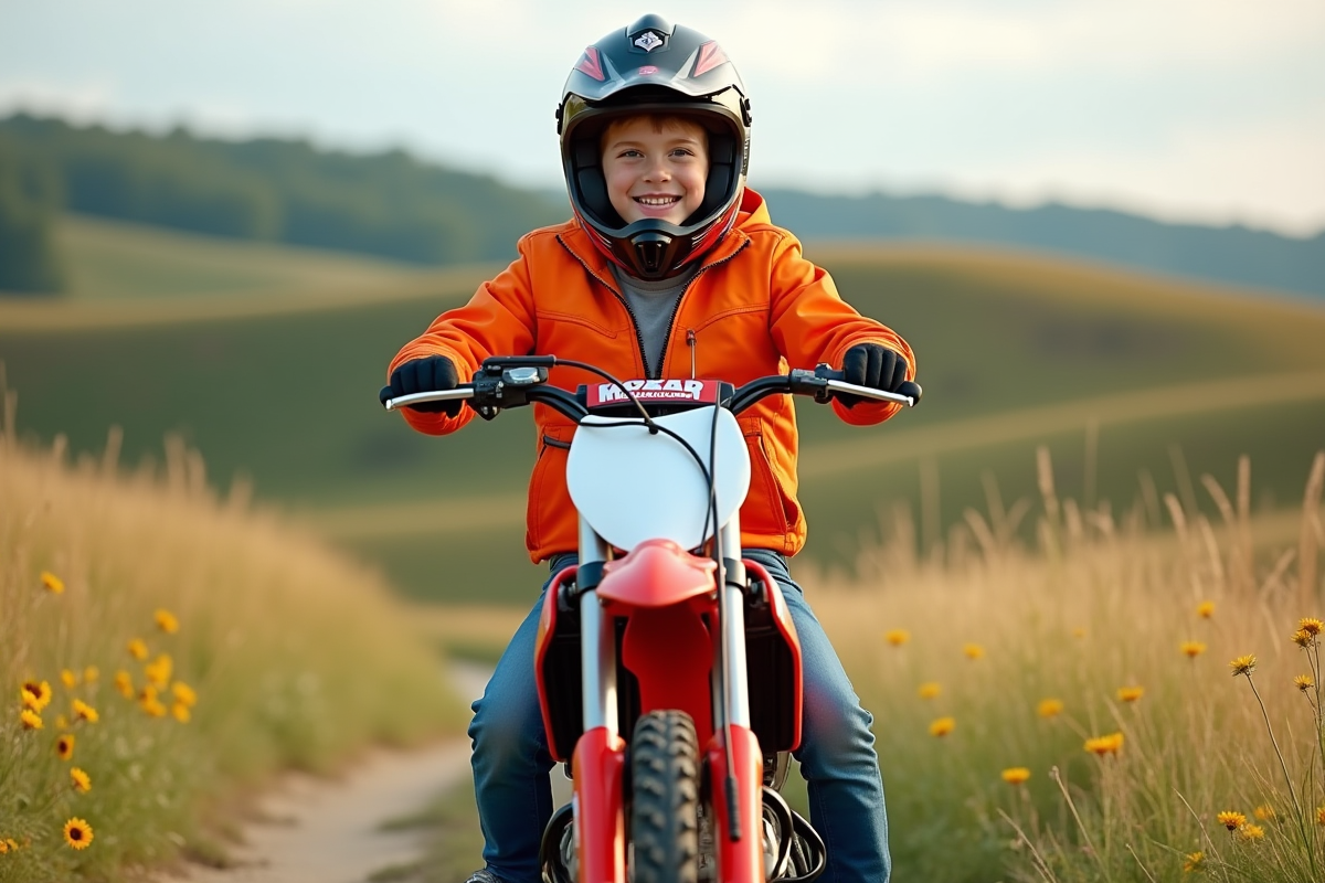 Adolescent souriant sur moto tout-terrain en pleine nature