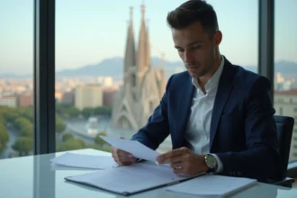 Jeune agent football en costume dans un bureau avec vue sur Barcelone