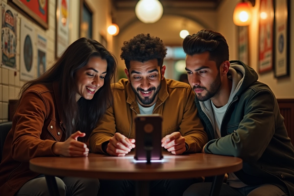 Groupe d'amis algériens regardant un match de la sélection nationale sur smartphone dans un café traditionnel d'Alger