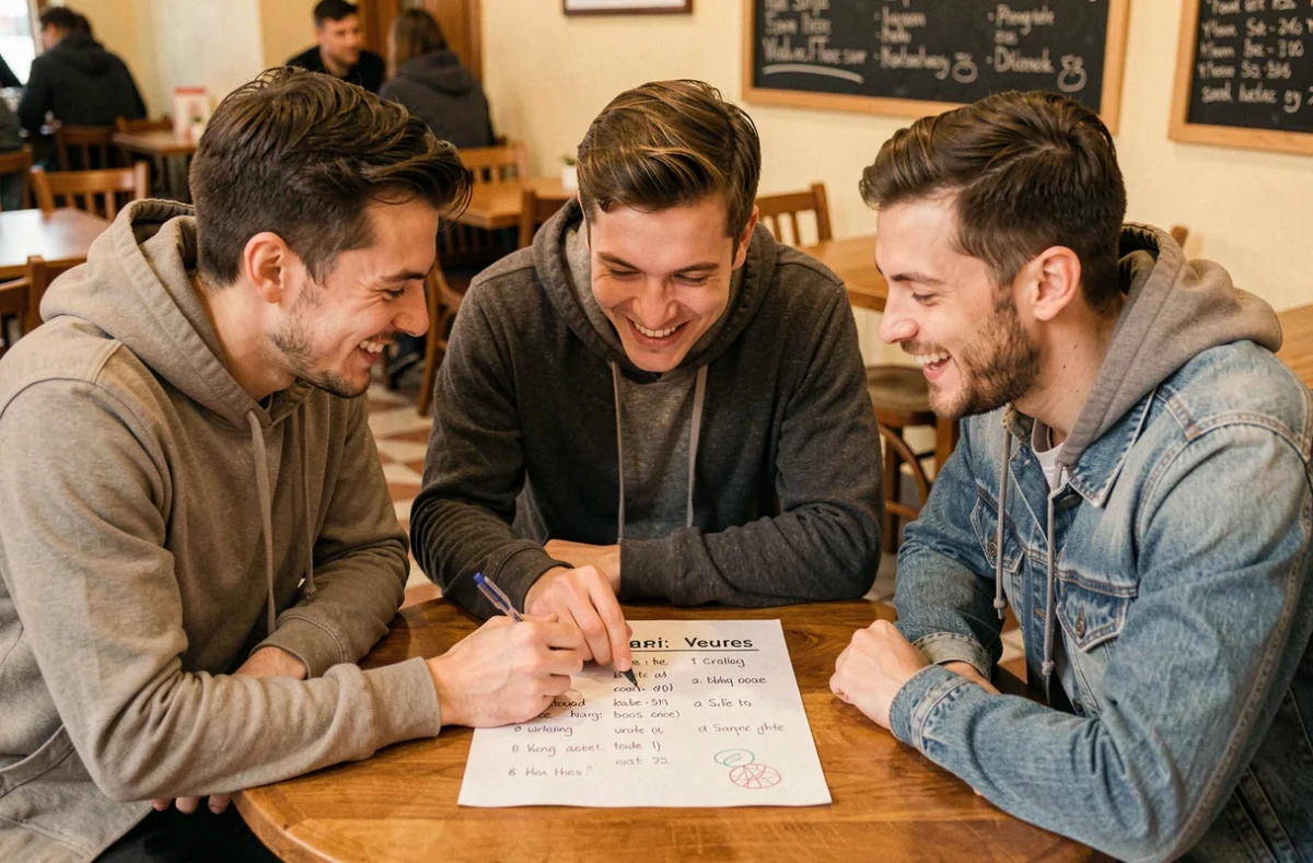 Trois amis jouant au petit bac dans un café, cherchant des noms de sportifs commençant par la lettre D