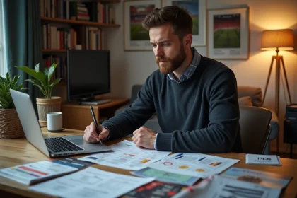 Jeune homme analysant statistiques sportives à son bureau