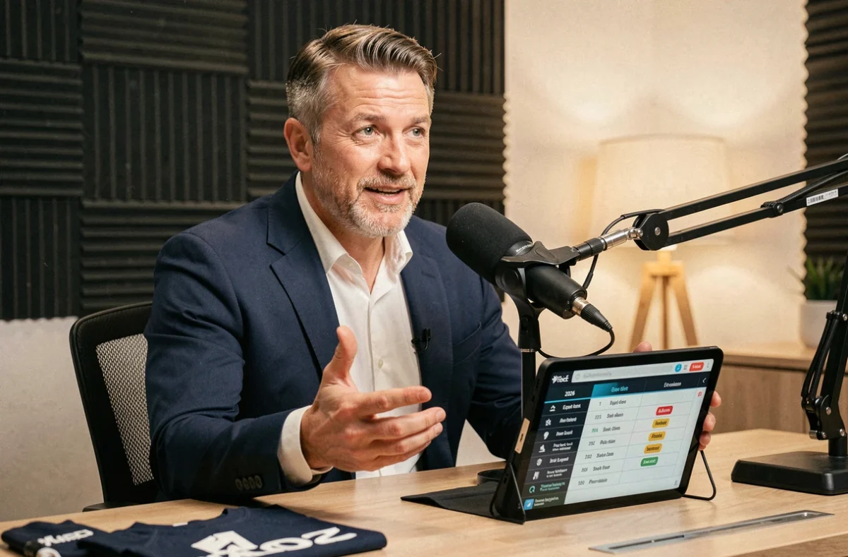 Ancien athlète cycliste présentant son programme d'événements 2026 lors d'un enregistrement de podcast en studio