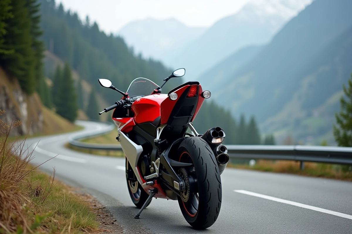 Aprilia RS 125 garée sur une route de montagne sinueuse avec paysage de vallée en arrière-plan
