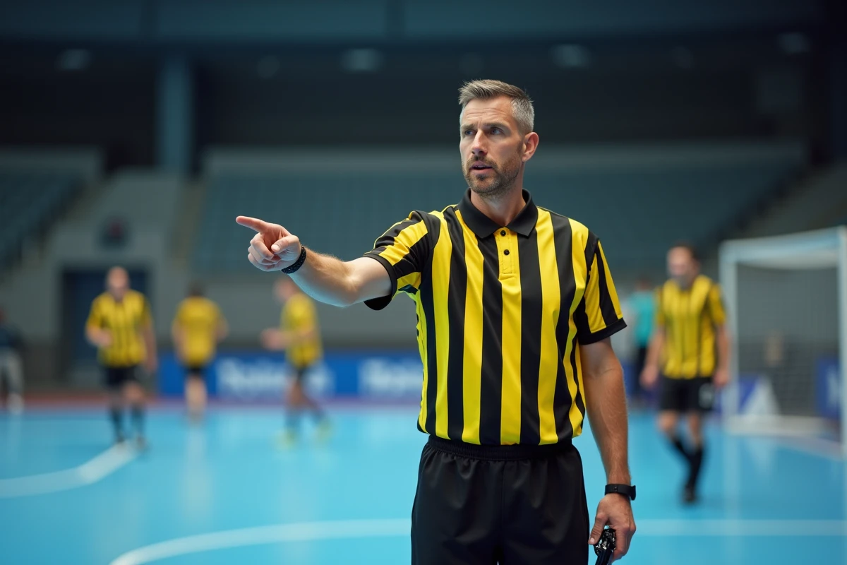 Arbitre officiel de handball désignant la ligne de surface de but lors d'un match en salle