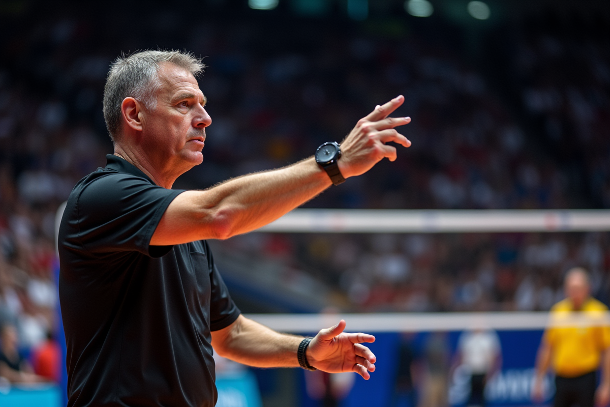 Arbitre de volleyball en action signalant une décision