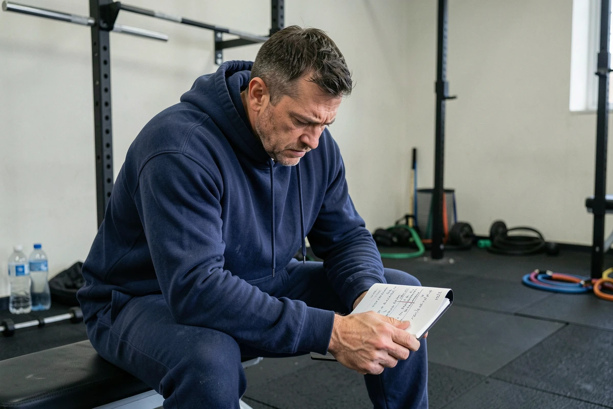 Sportif frustré consultant son carnet d'entraînement callisthénie sans résultats visibles dans une salle de sport maison