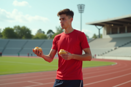 Jeune athlète hésitant avec une pâtisserie sur la piste