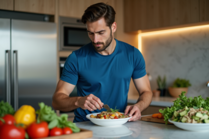 Athlète en cuisine préparant une salade nutritive