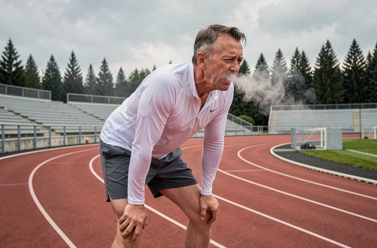 Athlète en récupération sur une piste d'athlétisme après un entraînement intensif de marathon pour préparer un sub 3h30