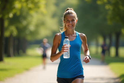 Jeune athlète femme buvant en plein air lors d'une course