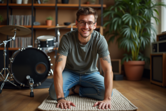 Jeune batteur ajustant un tapis de batterie en studio