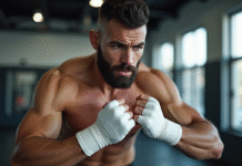 Boxeur en train d'enrouler ses mains avant l'entraînement