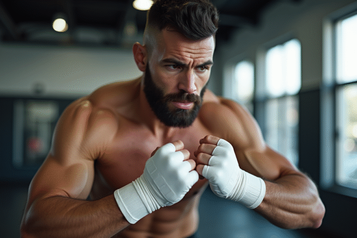 Boxeur en train d'enrouler ses mains avant l'entraînement
