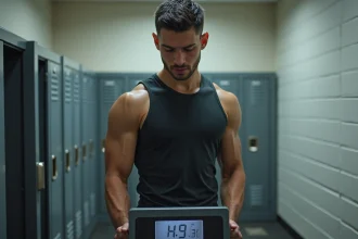 Boxeur adulte pesant sur une balance numérique dans un vestiaire avant une compétition de boxe, catégories de poids