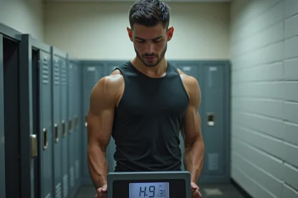 Boxeur adulte pesant sur une balance numérique dans un vestiaire avant une compétition de boxe, catégories de poids