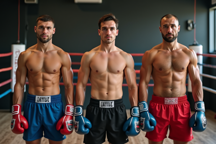 boxeurs-divers-ring Trois boxeurs de différentes catégories avec physiques variés dans un gymnase