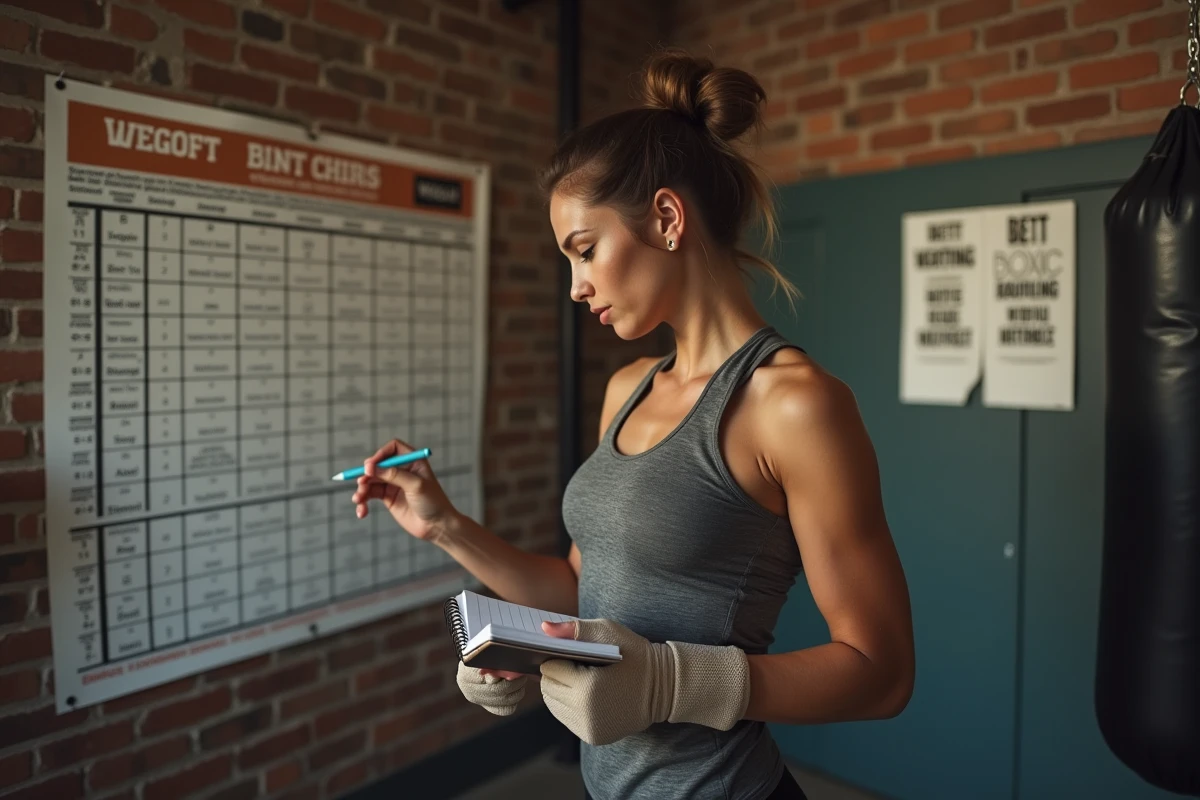 Boxeuse étudiant un tableau des catégories de poids de boxe dans une salle d'entraînement professionnelle
