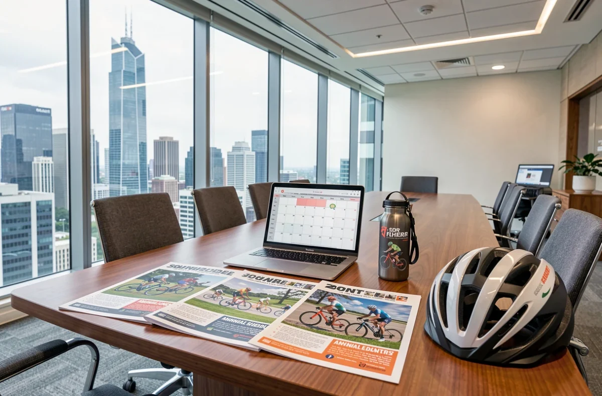 Table de conférence avec matériel de planification d'événements cyclistes pour 2026 dans un bureau moderne vitré