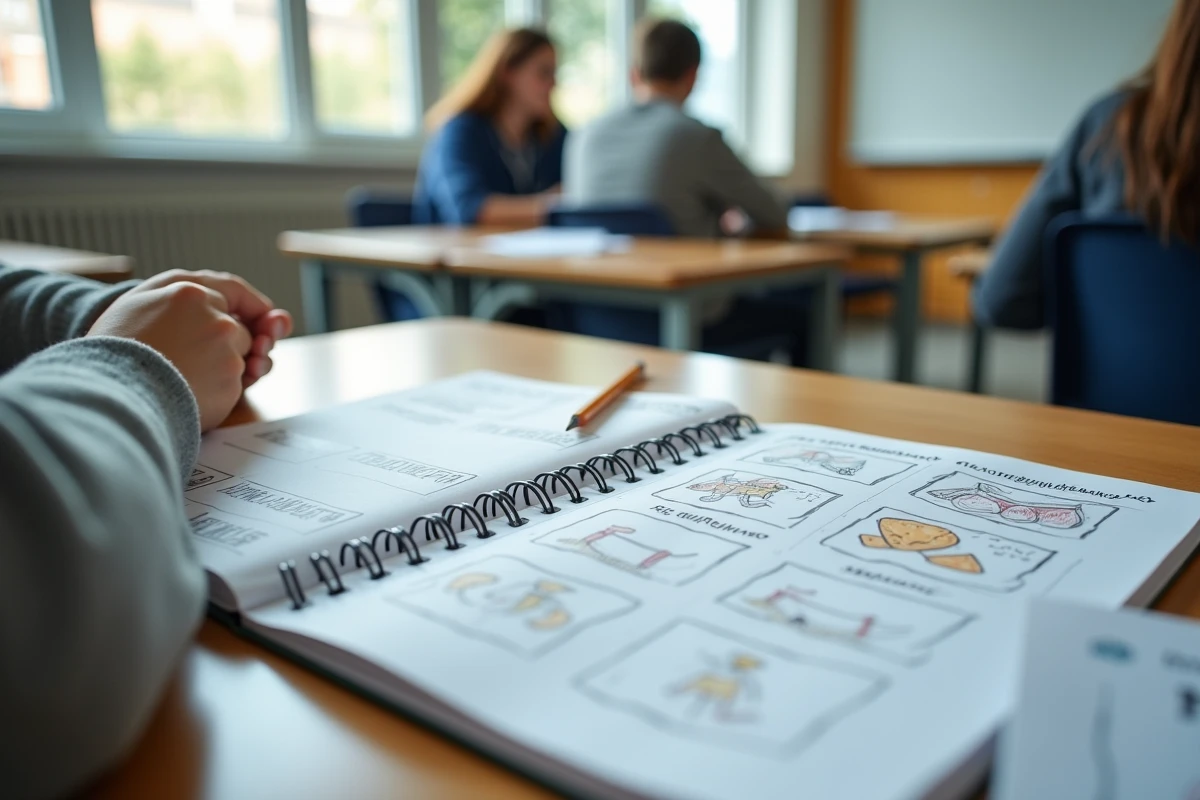 Cahier d'élève avec schémas manuscrits des champs d'apprentissages EPS sur un bureau en salle de sport