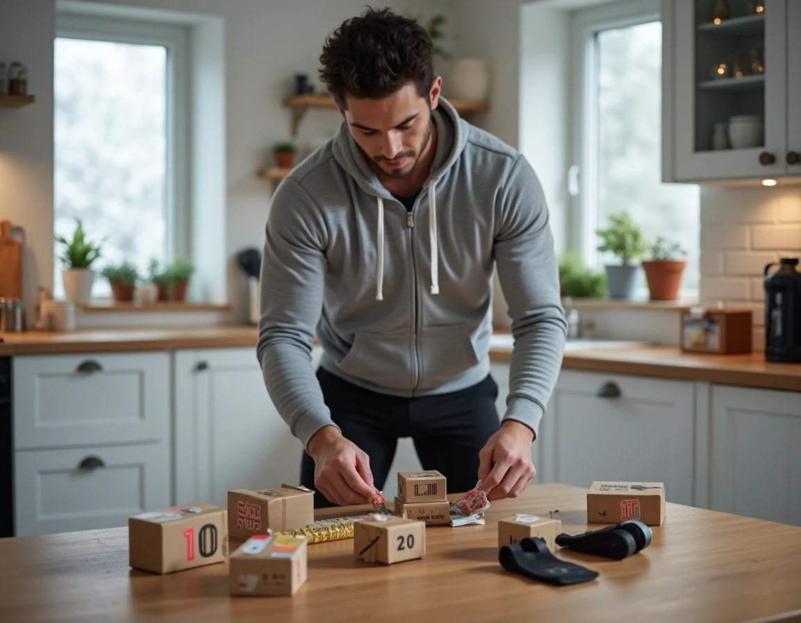 Calendrier de l'Avent sportif pour homme disposé sur une table de cuisine scandinave avec des accessoires de fitness miniatures