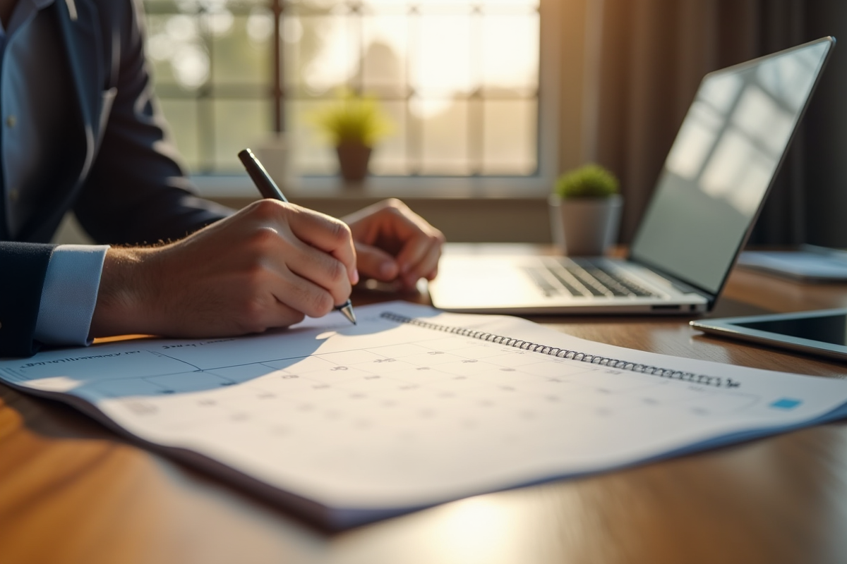 Calendrier sportif marqué sur un bureau en bois