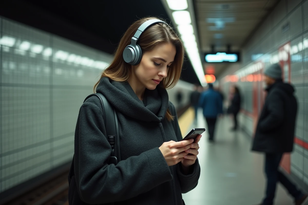 Femme portant un casque antibruit dans le métro urbain, consultait son téléphone dans une ambiance de transport en commun