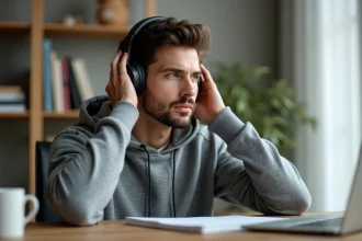 Homme portant un casque Bluetooth over-ear noir mat assis à un bureau en bois moderne dans un bureau à domicile