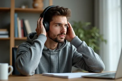 Homme portant un casque Bluetooth over-ear noir mat assis à un bureau en bois moderne dans un bureau à domicile