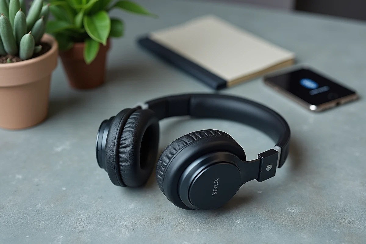 Gros plan d'un casque sans fil over-ear posé sur une surface en béton avec un smartphone affichant l'appairage Bluetooth
