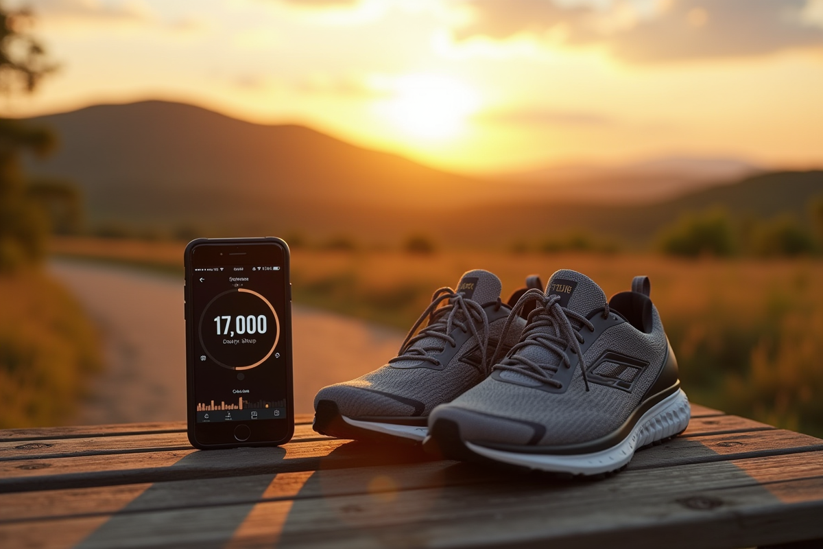 Chaussures de course usées et smartphone avec application de marche sur un banc en campagne