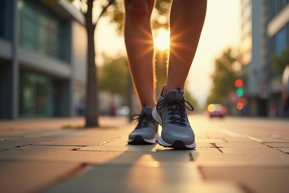 Gros plan sur une chaussure en mouvement sur le trottoir urbain