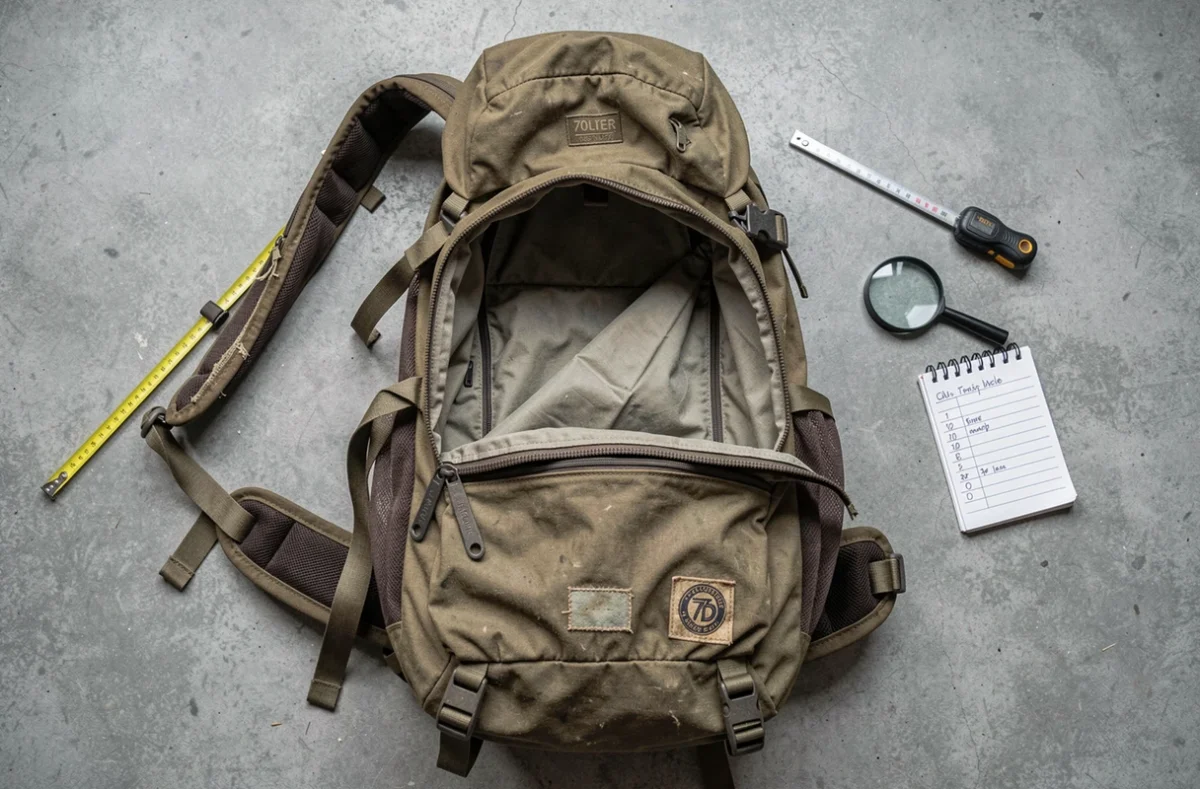 Vue aérienne d'un sac à dos 70L d'occasion ouvert avec checklist d'inspection et outils de vérification