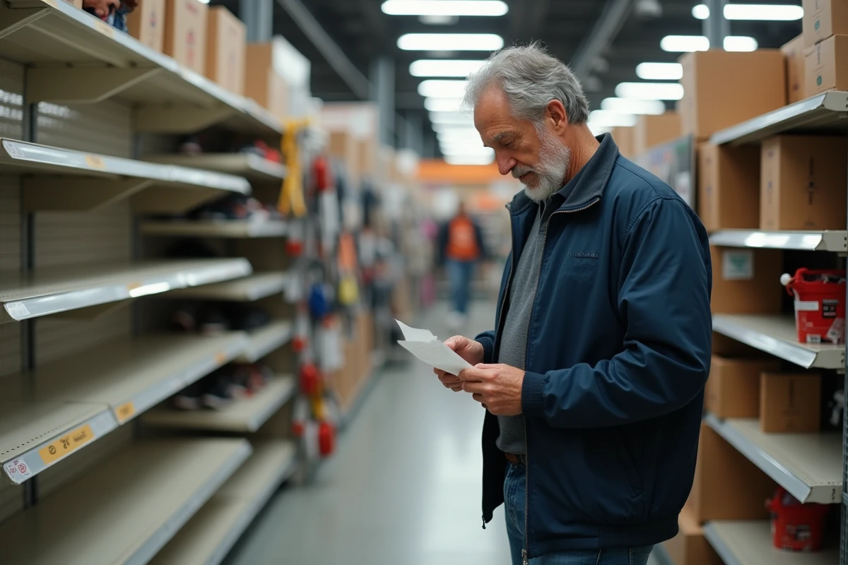 Client déçu devant des rayons vides lors de la fermeture d'un magasin Intersport Hautepierre
