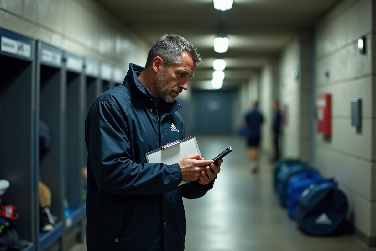 Entraineur de rugby vérifiant scores sur smartphone dans les vestiaires