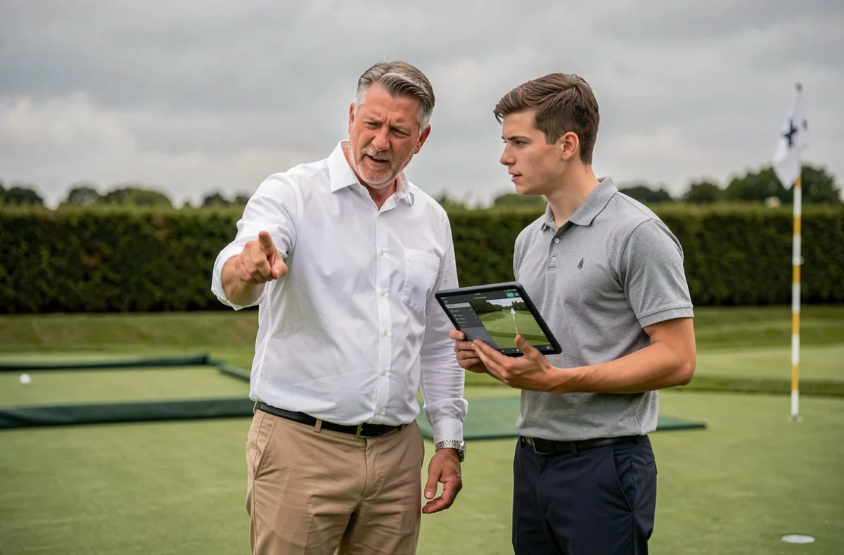 Instructeur de golf conseillant un élève sur la stratégie au putting green avec tablette numérique