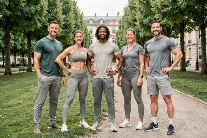 Groupe de coachs sportifs professionnels en Haute-Garonne posant dans un parc de Toulouse
