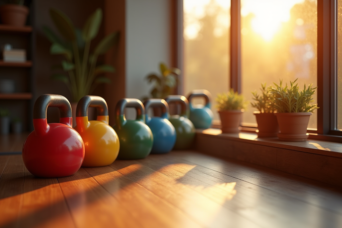 Coin cosy dans un studio fitness avec kettlebells colorés