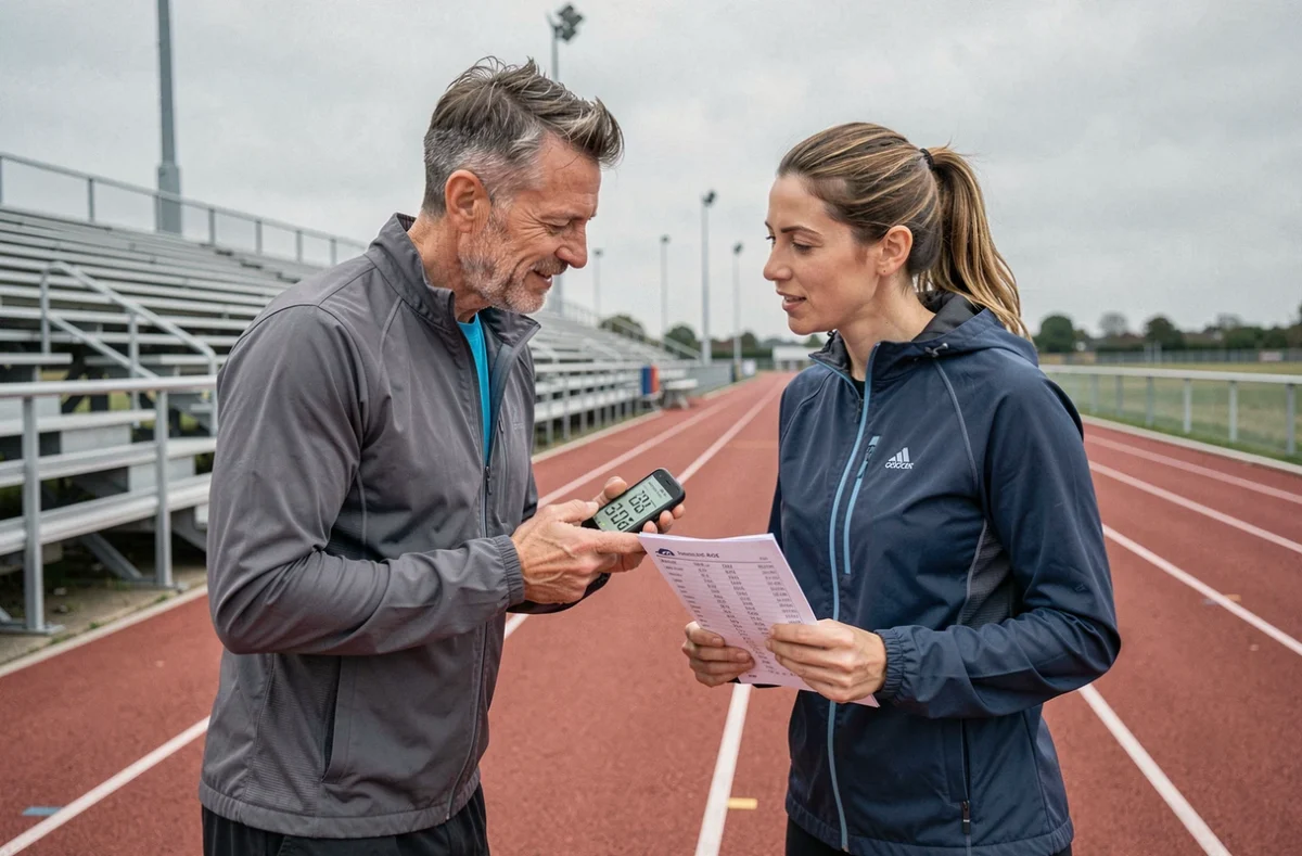 Deux coureurs comparant un calculateur kilomètre heure numérique et un tableau d'allures papier sur une piste d'athlétisme