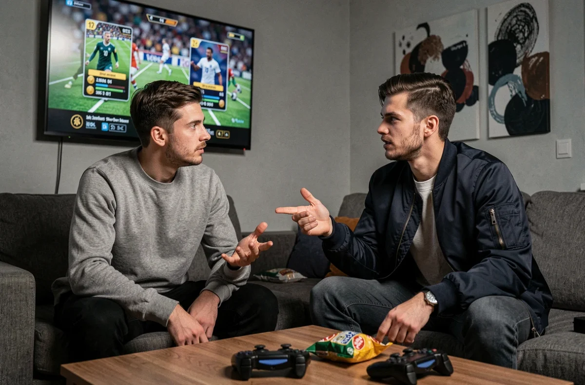 Deux joueurs comparant DCE et achat direct sur le marché de FC 25 devant une télévision dans un salon