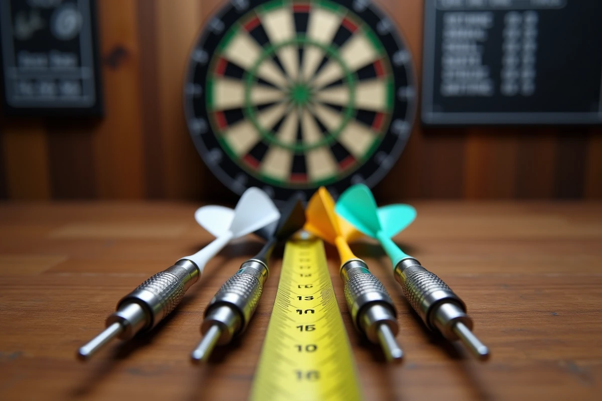 Comparaison entre fléchettes de compétition en tungstène et fléchettes de loisir en plastique avec un mètre ruban mesurant les distances de jeu