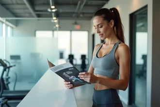 Une femme en tenue de sport compare les offres d'abonnement Basic Fit à la réception d'une salle de fitness moderne