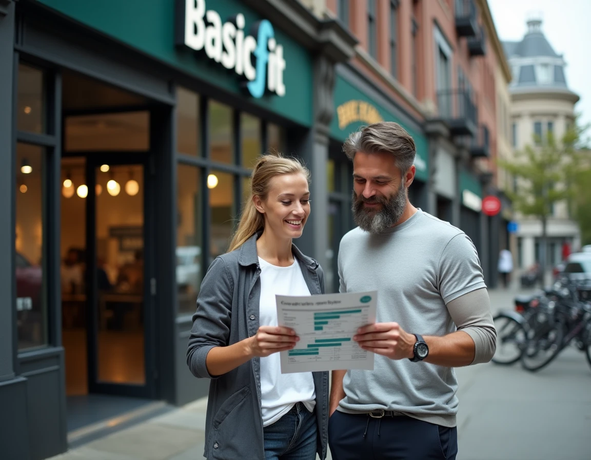 Deux amis comparent les formules d'abonnement Basic Fit devant l'entrée d'une salle de sport en ville