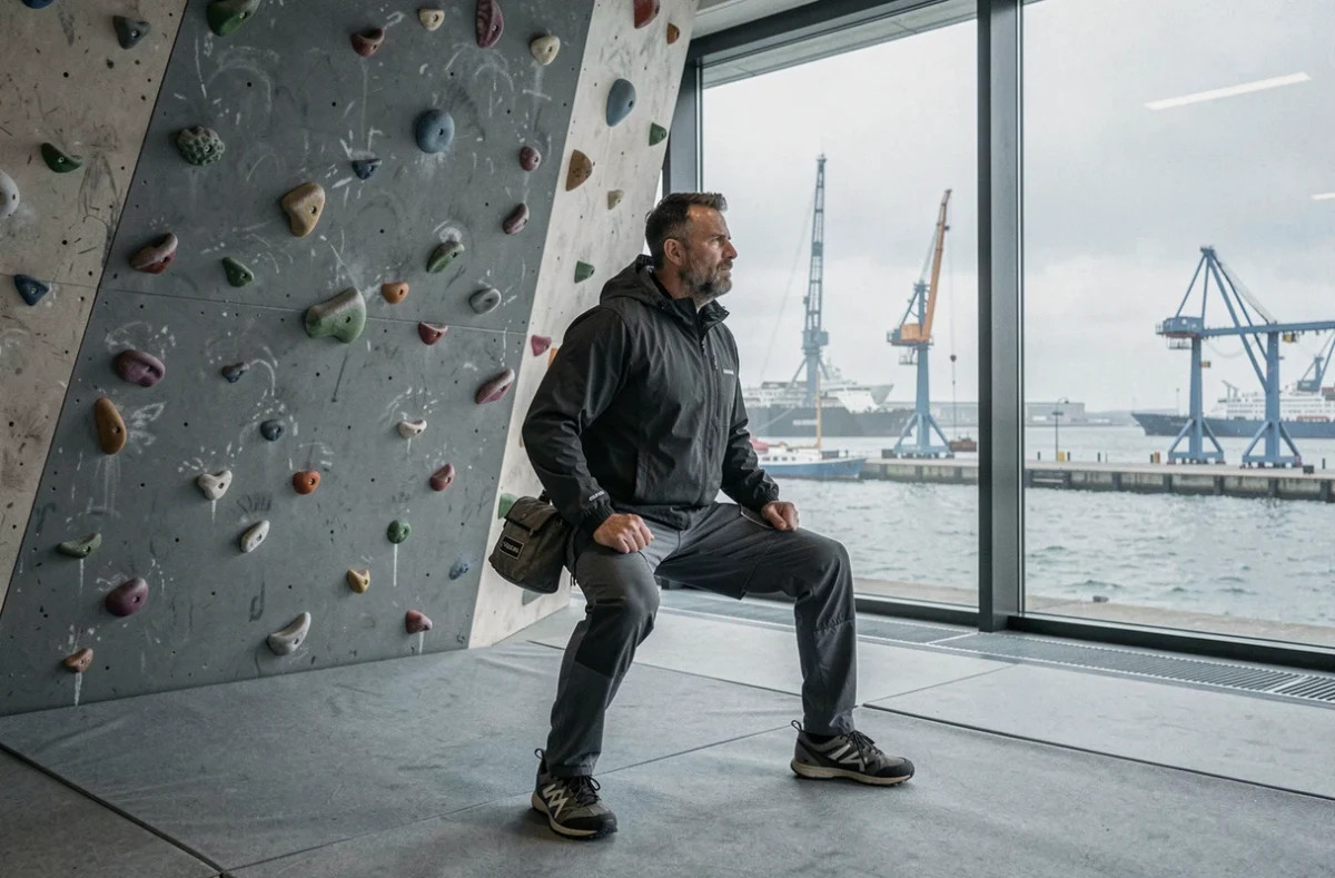 Grimpeur s'échauffant devant les murs d'escalade du Complexe du Grand Large à Dunkerque sur le littoral