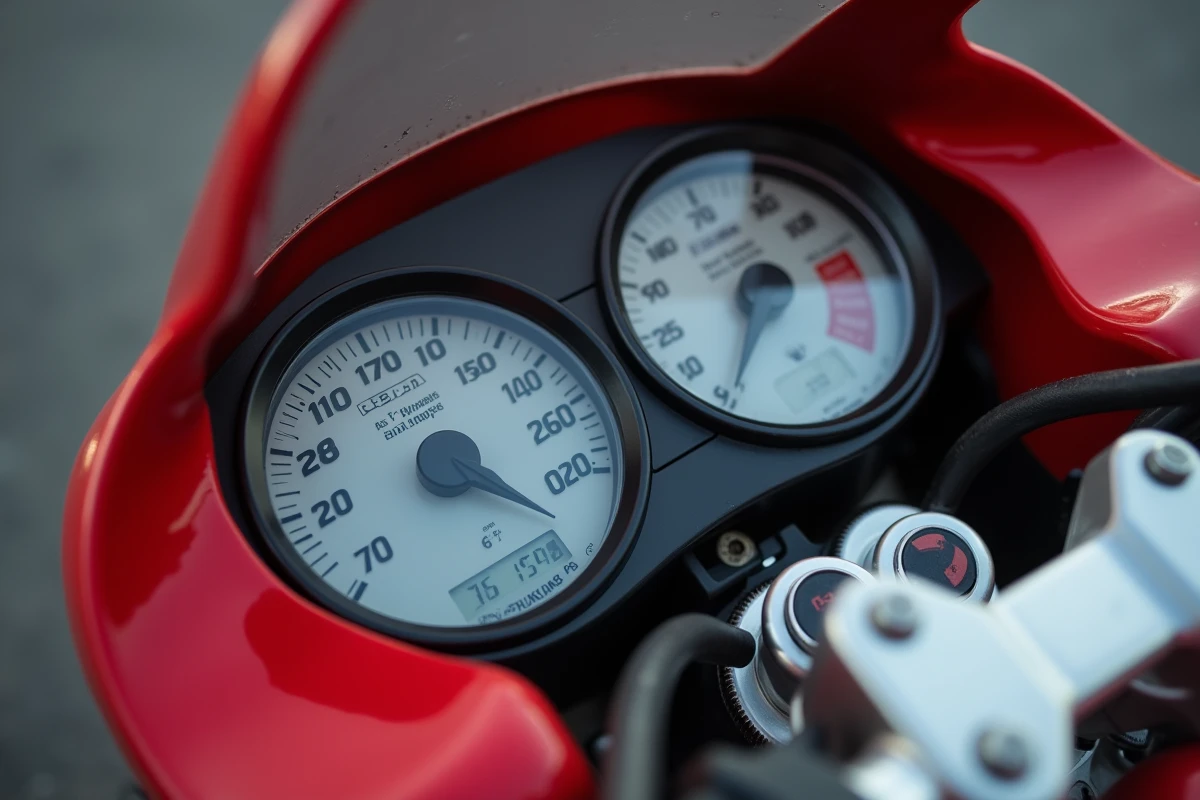 Tableau de bord et compteur de vitesse d'une Aprilia RS 125 en gros plan avec aiguille en zone haute