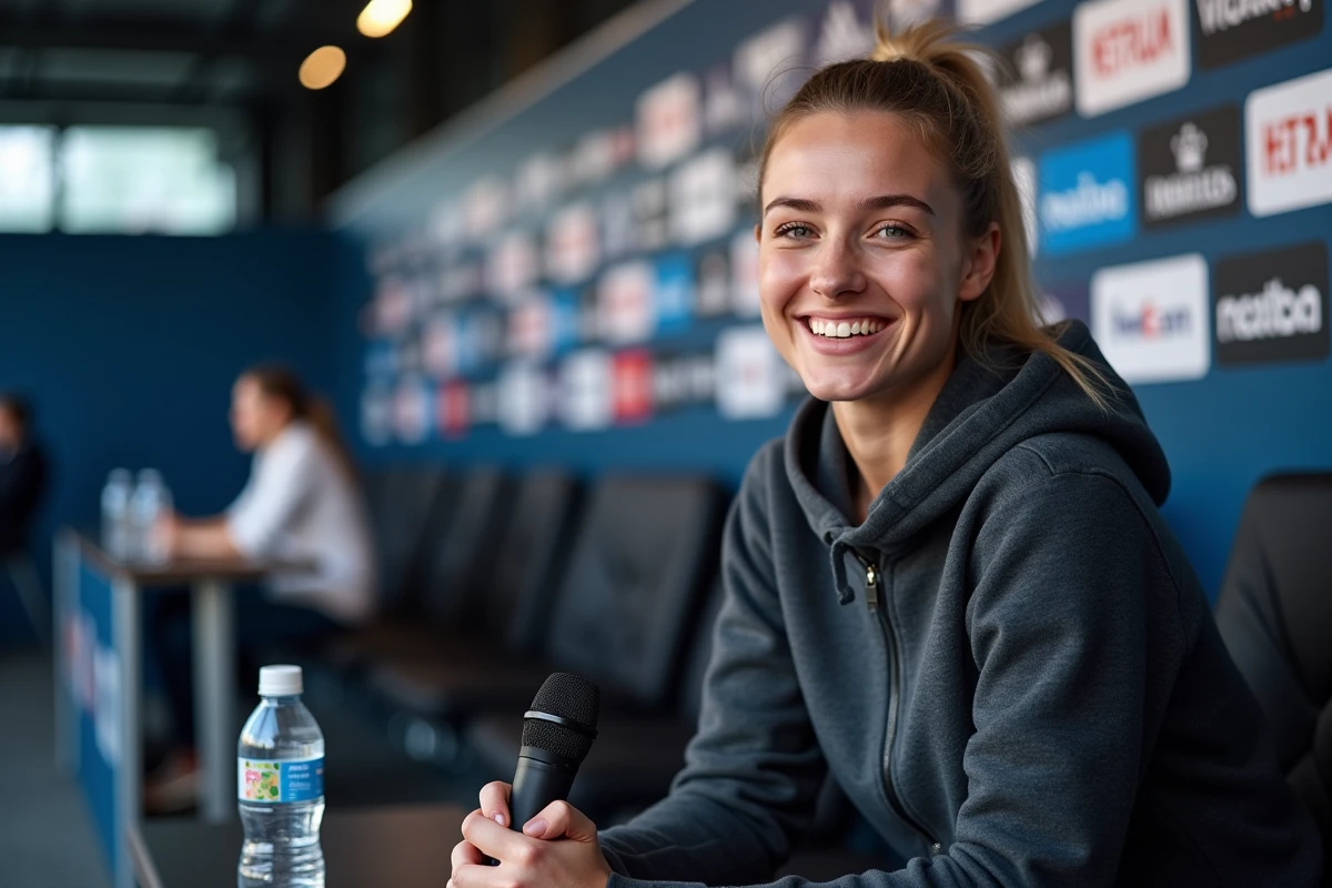 Joueuse de football féminin en conférence de presse dans une salle médias de stade professionnel