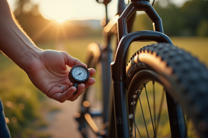 Vérification de la pression des pneus de VTT en extérieur
