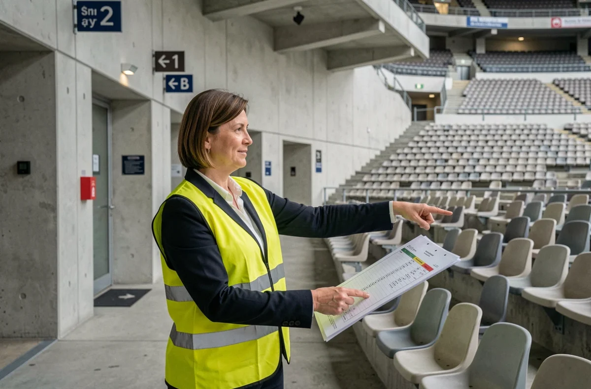 Coordinatrice logistique tenant un plan de salle du Stade de France dans les couloirs du stade pour optimiser la capacité d'accueil